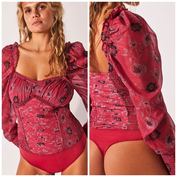 🆕 FREE PEOPLE Brunch Date Corset Bodysuit - Romantic Red - NWT - Picture 1 of 11